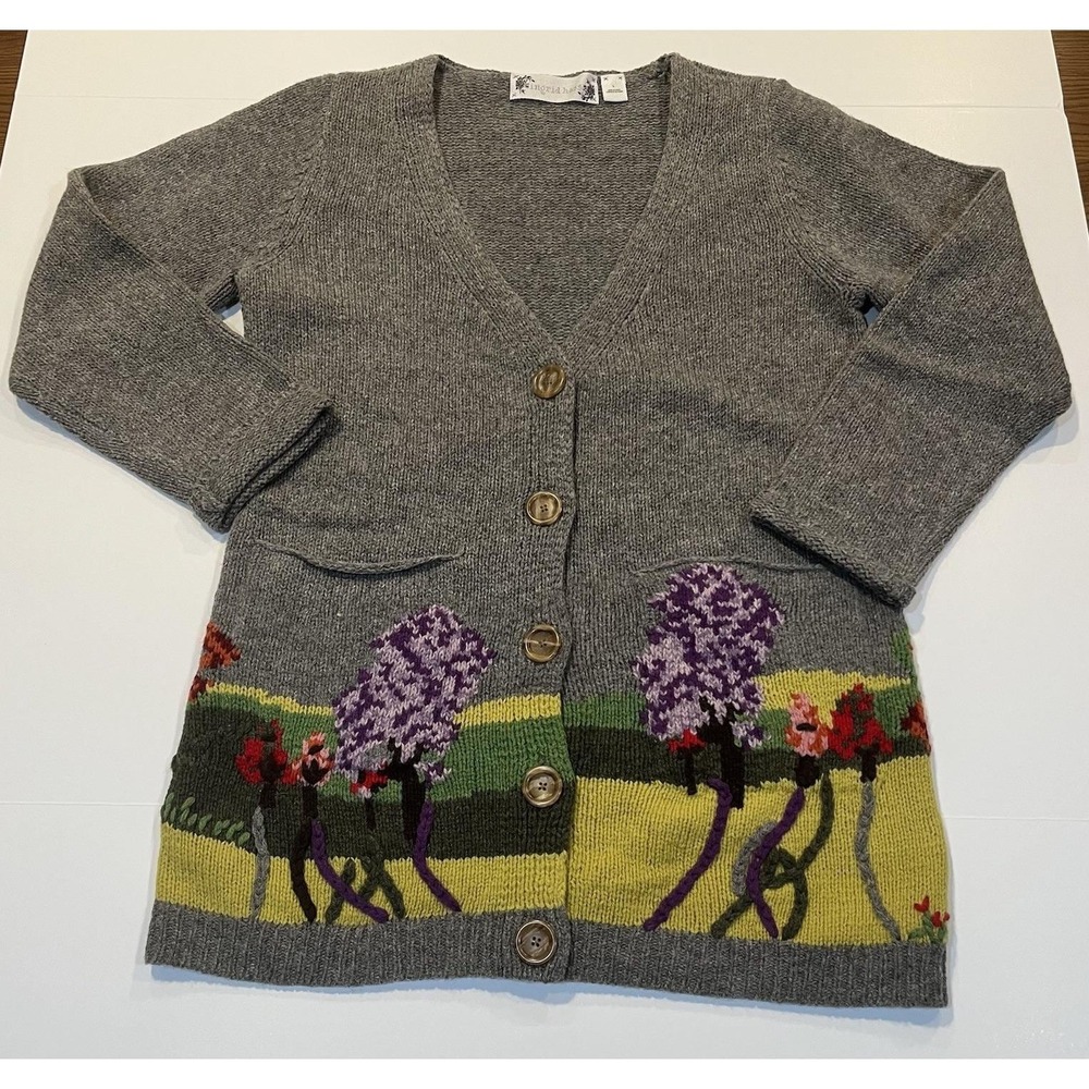 VTG Ingrid Hass 100% Lambswool Cardigan Floral Landscape Boho Cottagecore RARE